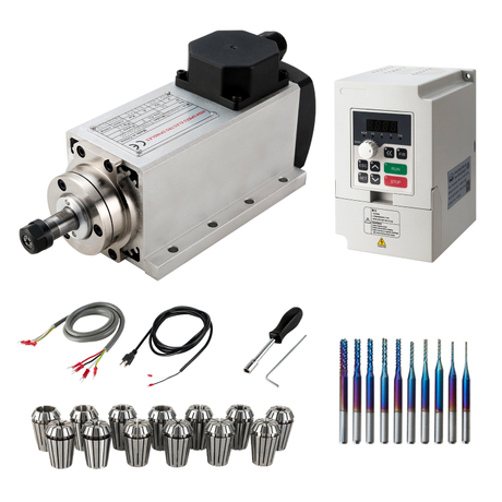 CNC Spindle Motor Kits, 1Set DIY 110V 1.5KW Air Cooled Spindle Motor Square CNC router CNC motor CNC spindle + 110V 1.5KW VFD Inverter + 13PCS Collets ER11+ Aviation wire + Drill Bits+wrench