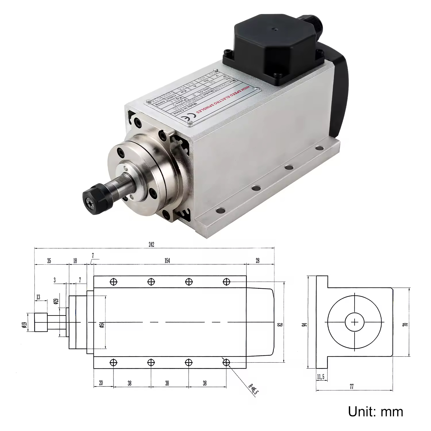 مربع ER16 1.5KW 4 بیئرنگز 110V/220V ایئر کولڈ اسپنڈل موٹر سی این سی روٹر کندہ کاری مشین کے لئے
